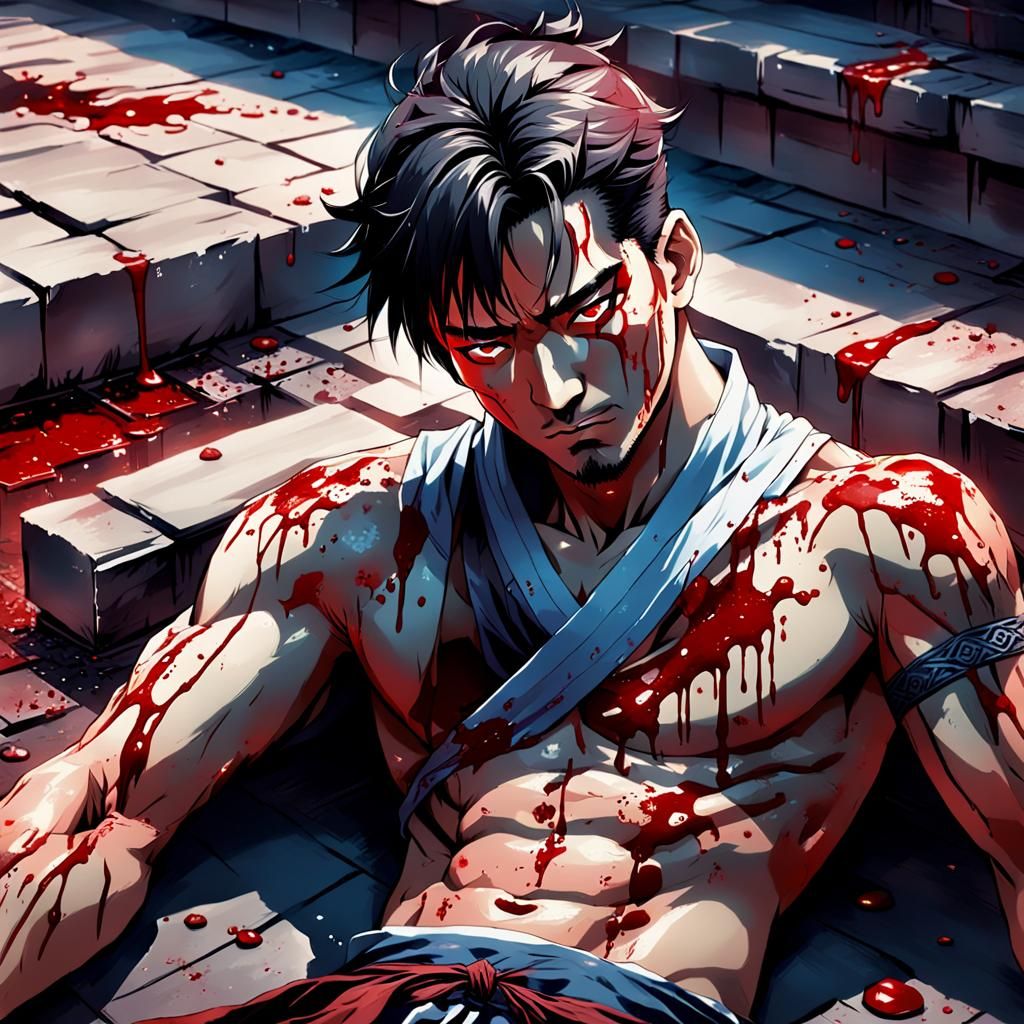 (ancient china) handsome man covered in blood, injured, laying outside, 
 Masterpiece, Best Quality, flat, Manga Scan, A...