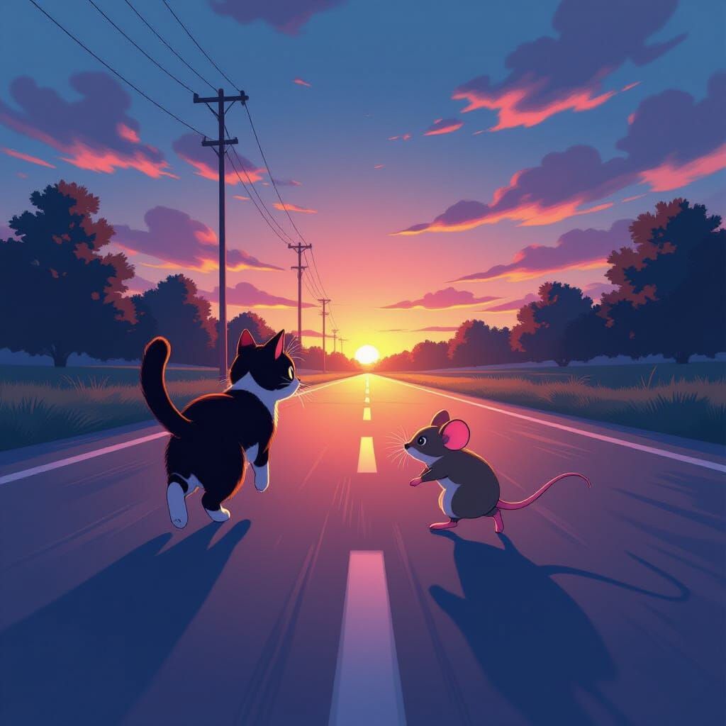 Cat and Mouse Race at Dusk in Anime Style