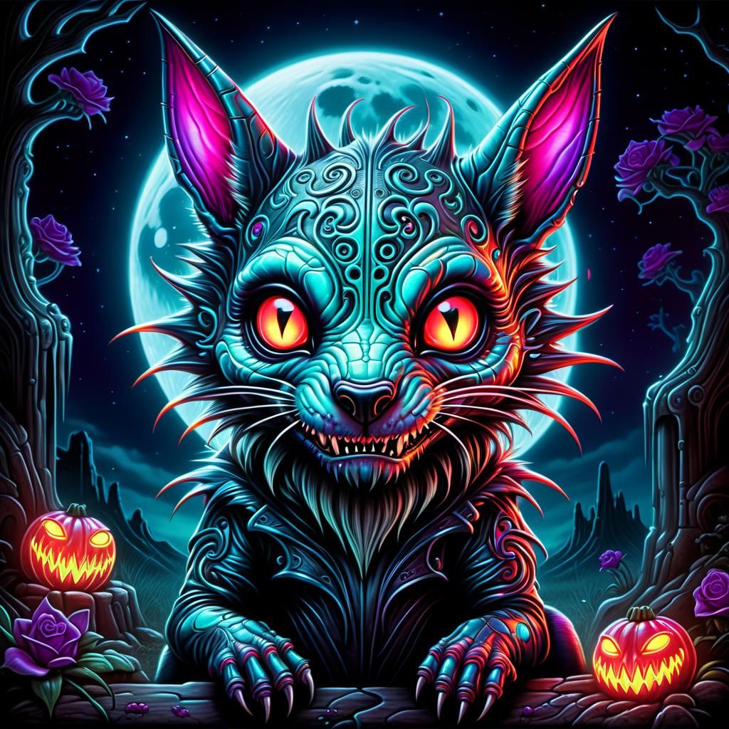 Neon Horror: Adorable Chupacabra Under Full Moon