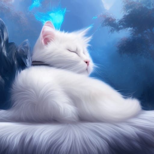 white fluffy cat sleeping on a blanket with a scarf and blue sky AI