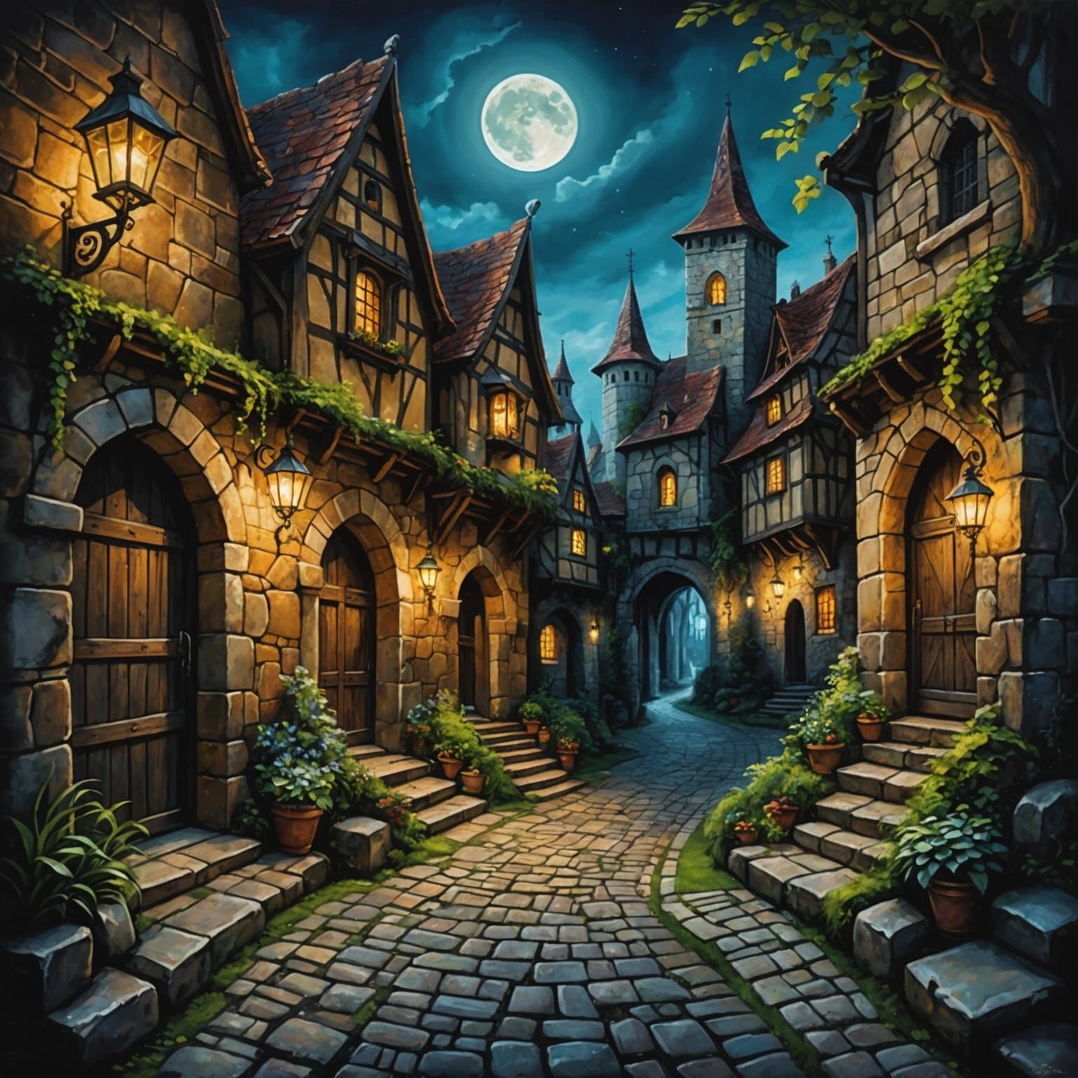 Fantasy village under the moonlight   by @Adab Sur Dum