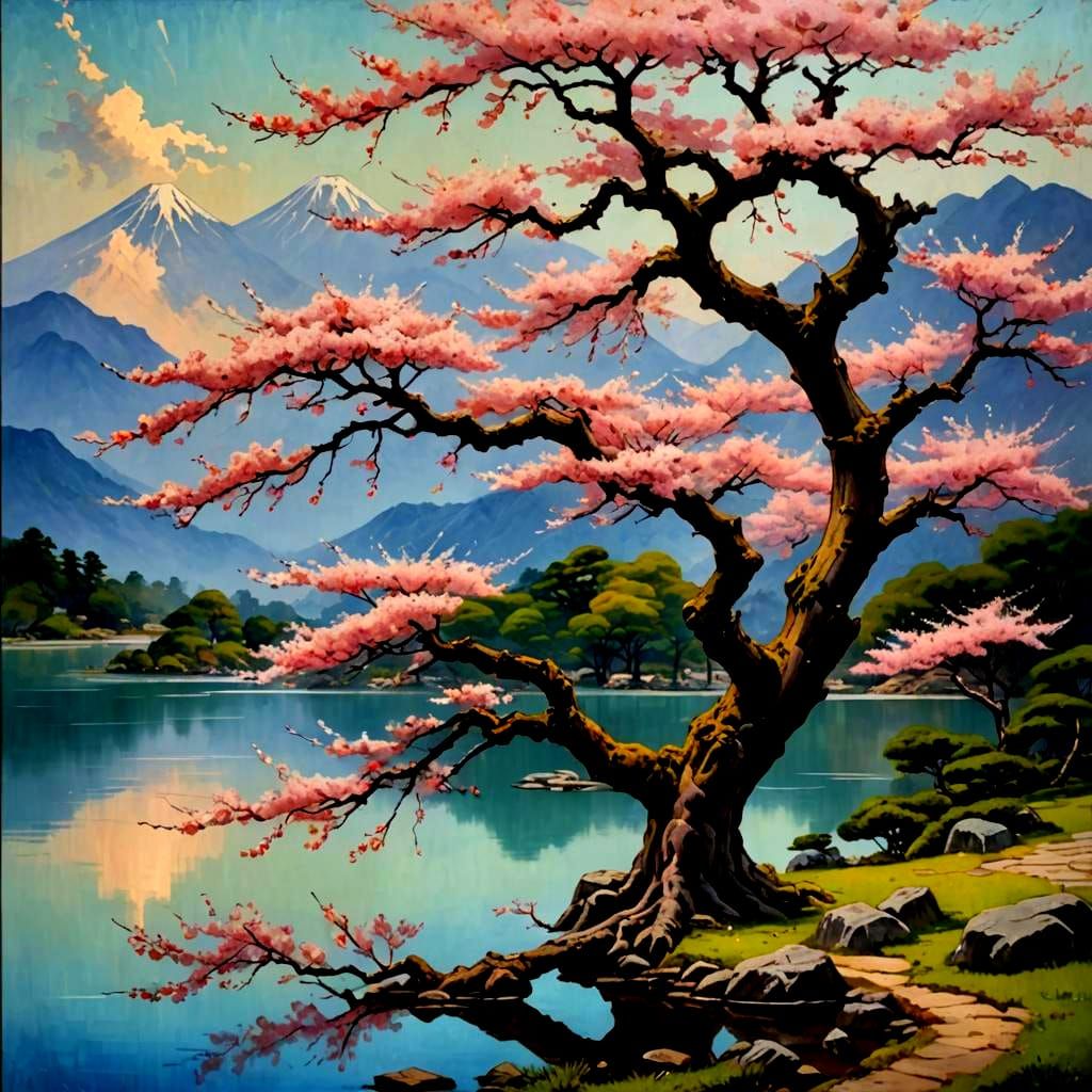 A beautiful ancient sakura tree in front of a lake. Mountain...