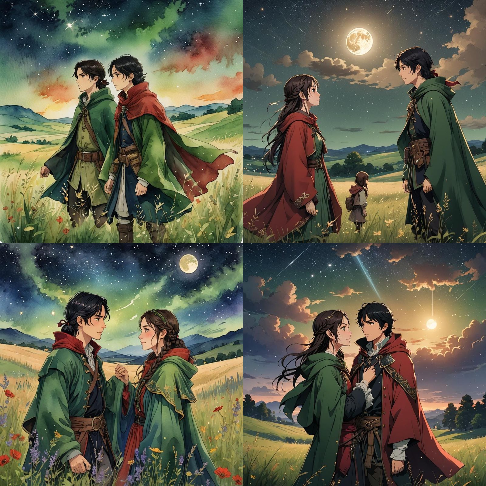 Anime Teenagers Stargazing in Meadow, Cel-Shaded Style