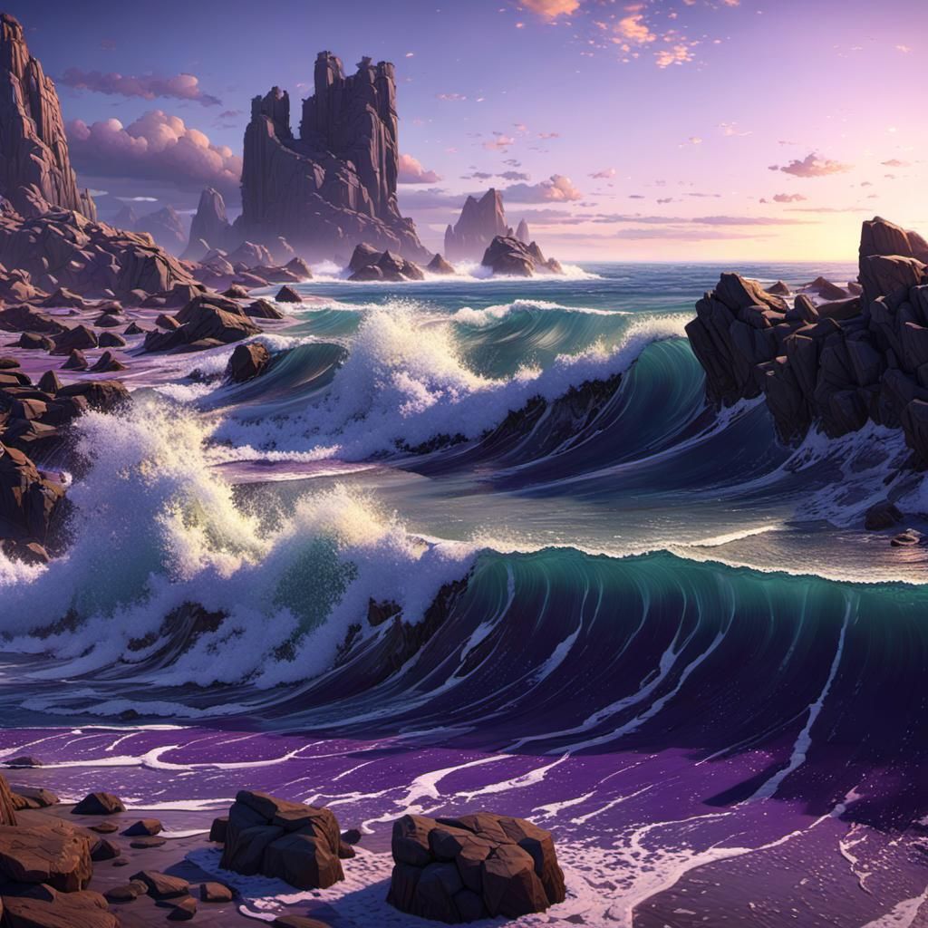 Sunset beach, crashing waves, rocky terrain, shadows, hyper ...