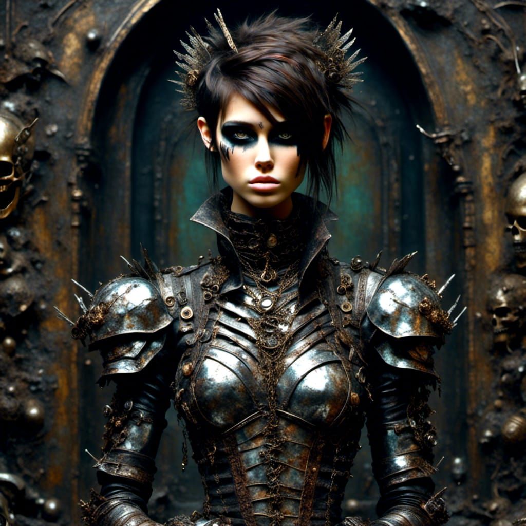 <lora:Cyber Pixie:1.0> <lora:Macabre Portraits:1.0> cyber pixie wearing shiny chrome armor short grunge brunette hair apocalyptic backgroun...