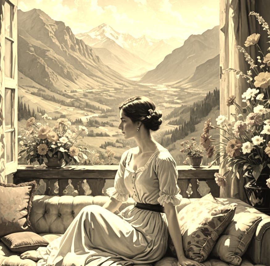 Young lady.  Mountains.  Sepia.