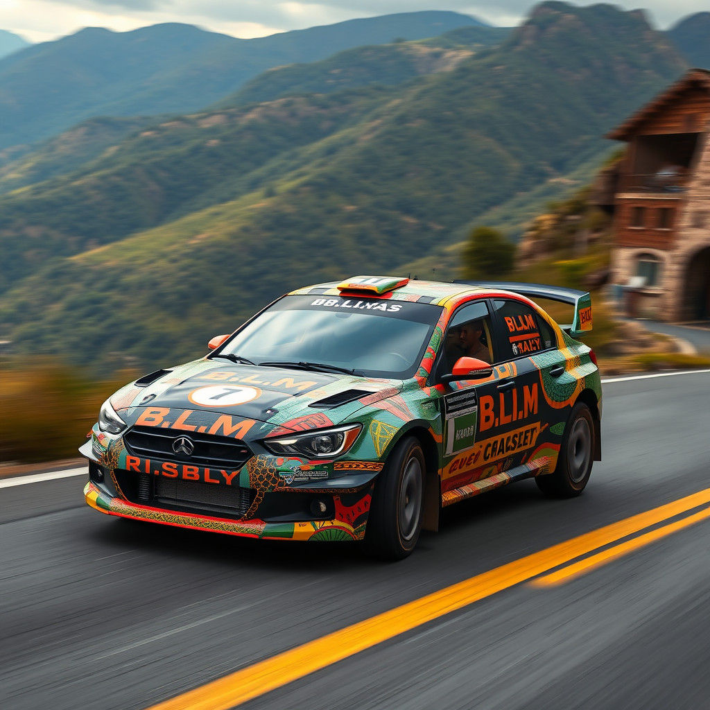 Rally car wrapped in "b.l.m" artwork