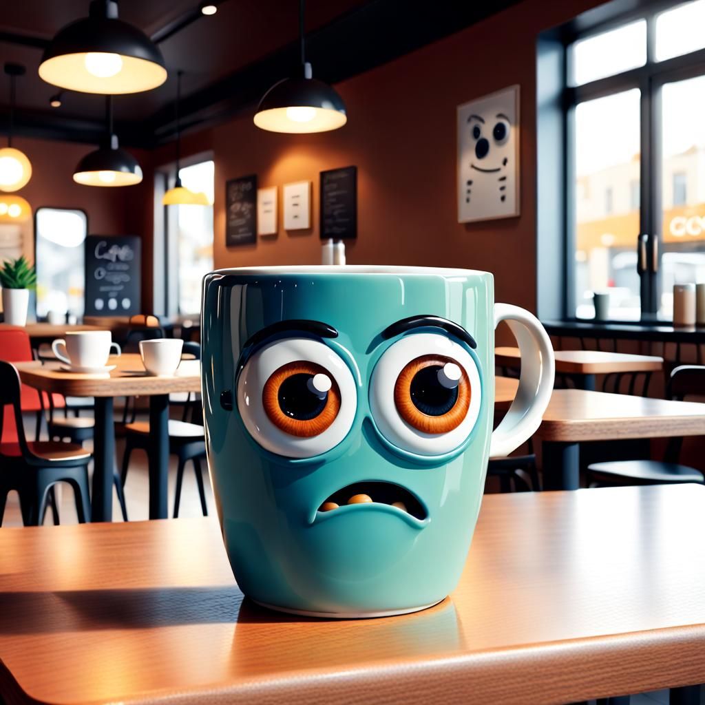 Turquoise designer coffee mug with googly eyes and surprised expression standing on table in empty café  by @Fokje