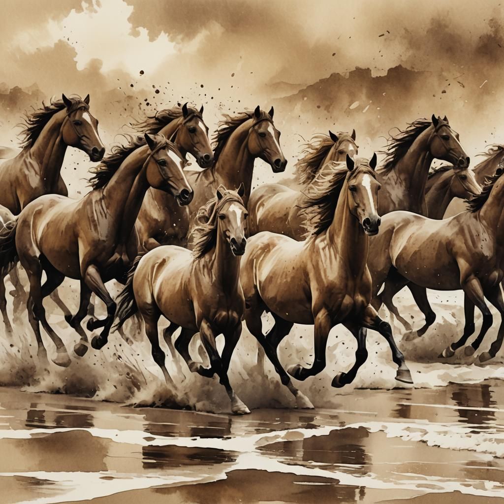 Galloping Horses on Seaside Shore in Watercolor Style