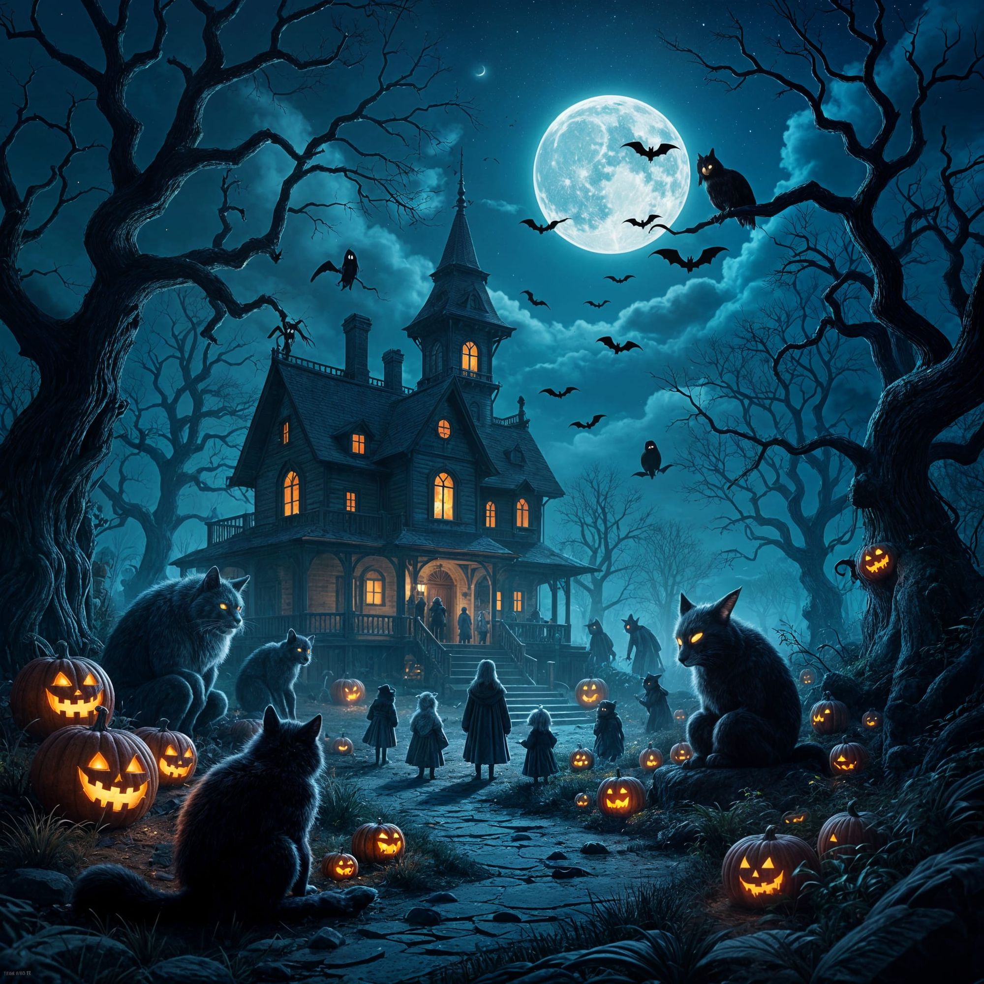 On a spooky midnight creatures gathering from every where at the same place and time.