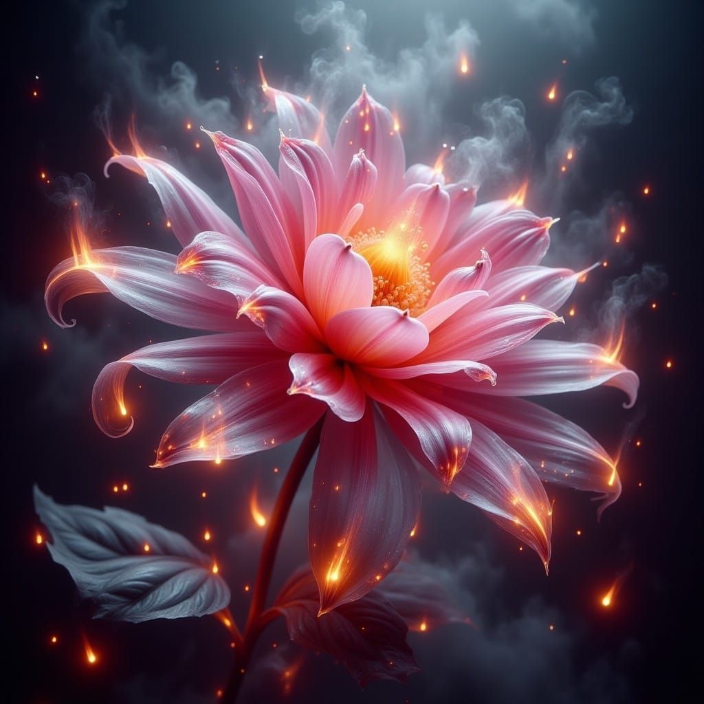 <lora:Dreamy Enchantment:1.0> Photorealistic Surreal glowing transparent pink and red flower made out of ghostly transparent flames. Smoky f...