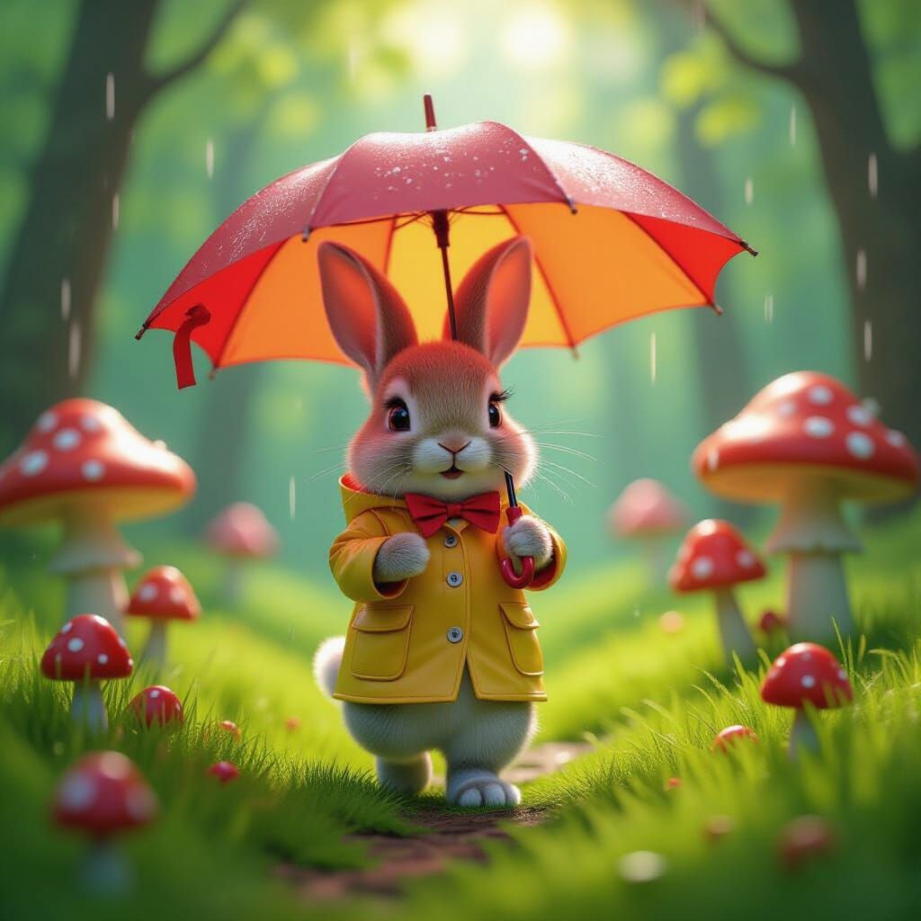 Charming Rabbit Walks in Rainy Forest, Candy Art Style