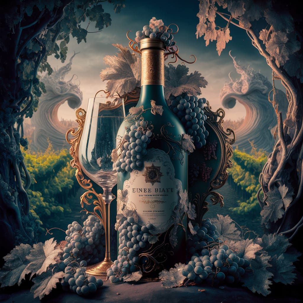 Close up of wine bottle, grapes around bottle, wine glass wi...