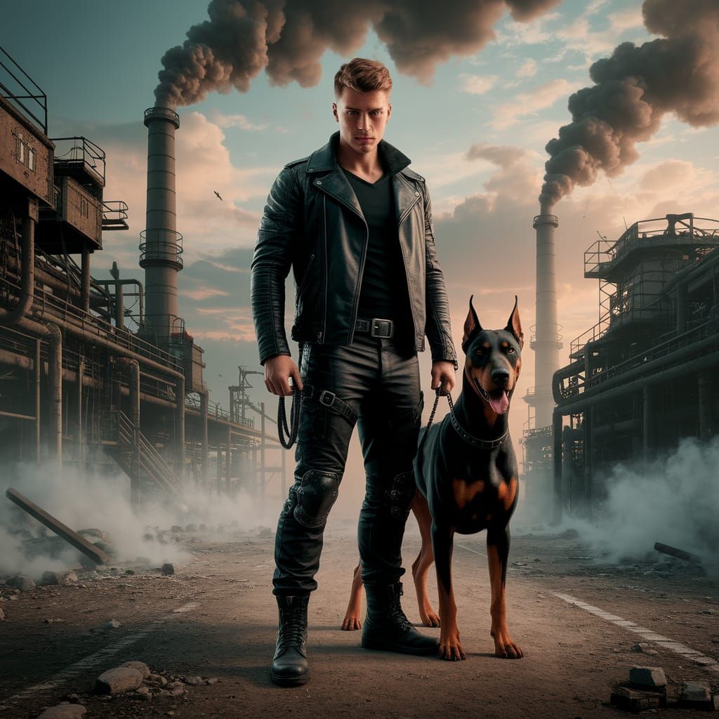 Hyperrealistic portrait of a fierce young man in a post-apocalyptic industrial setting, standing confidently with a large Doberman on a heav...
