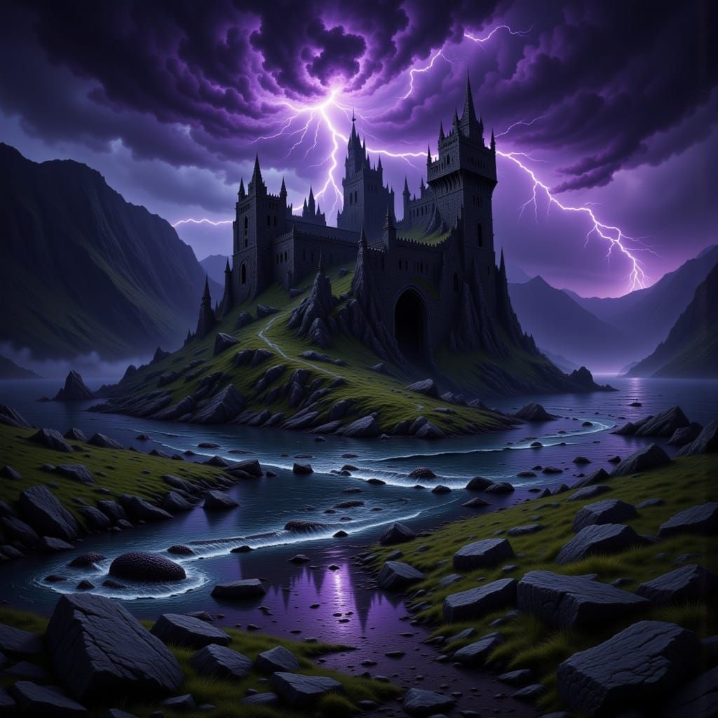 Medieval Castle Ruin Under Stormy Sky with Sea Monster