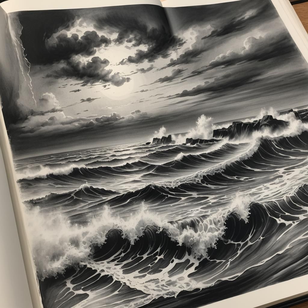 an image of a seascape, on the page of an open book