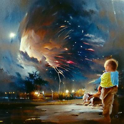 A Boy watching Fireworks for the first time.