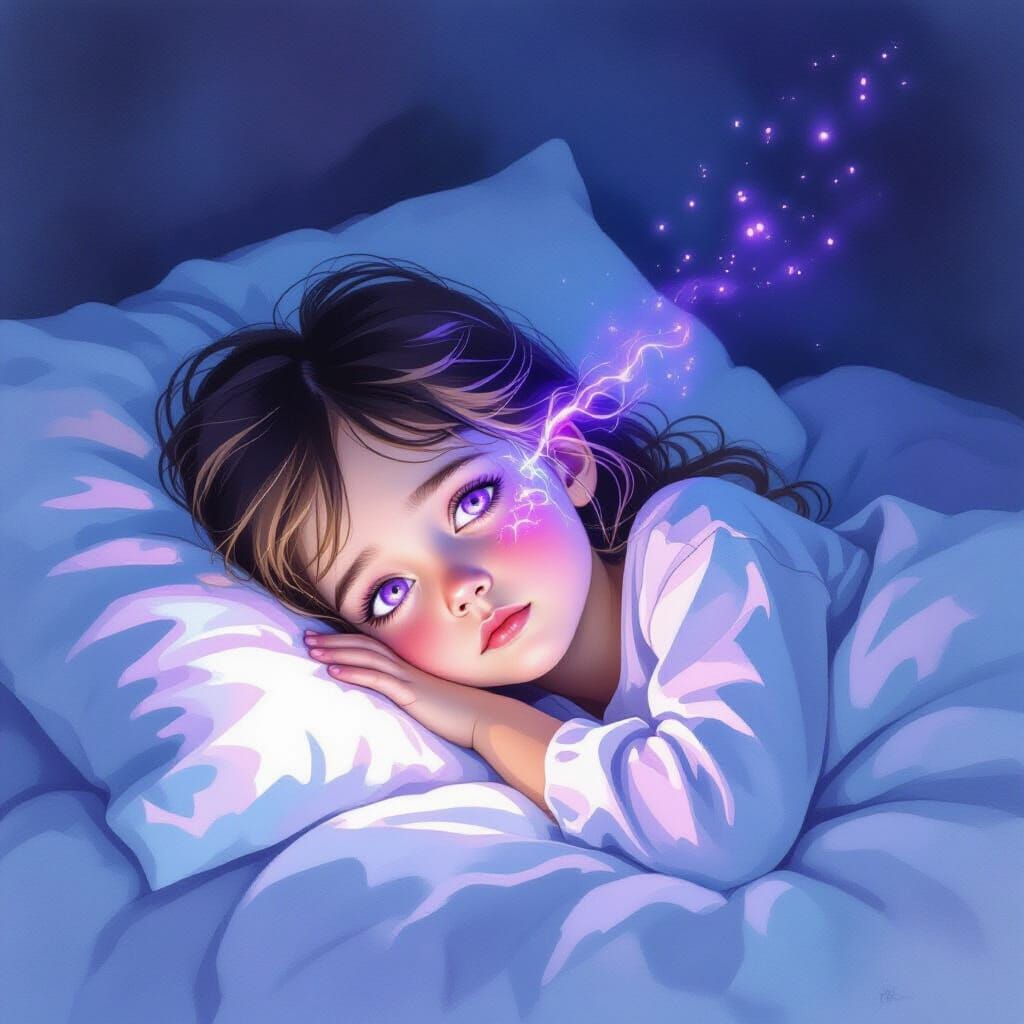 Sick Girl in Bed with Ethereal Purple Glow