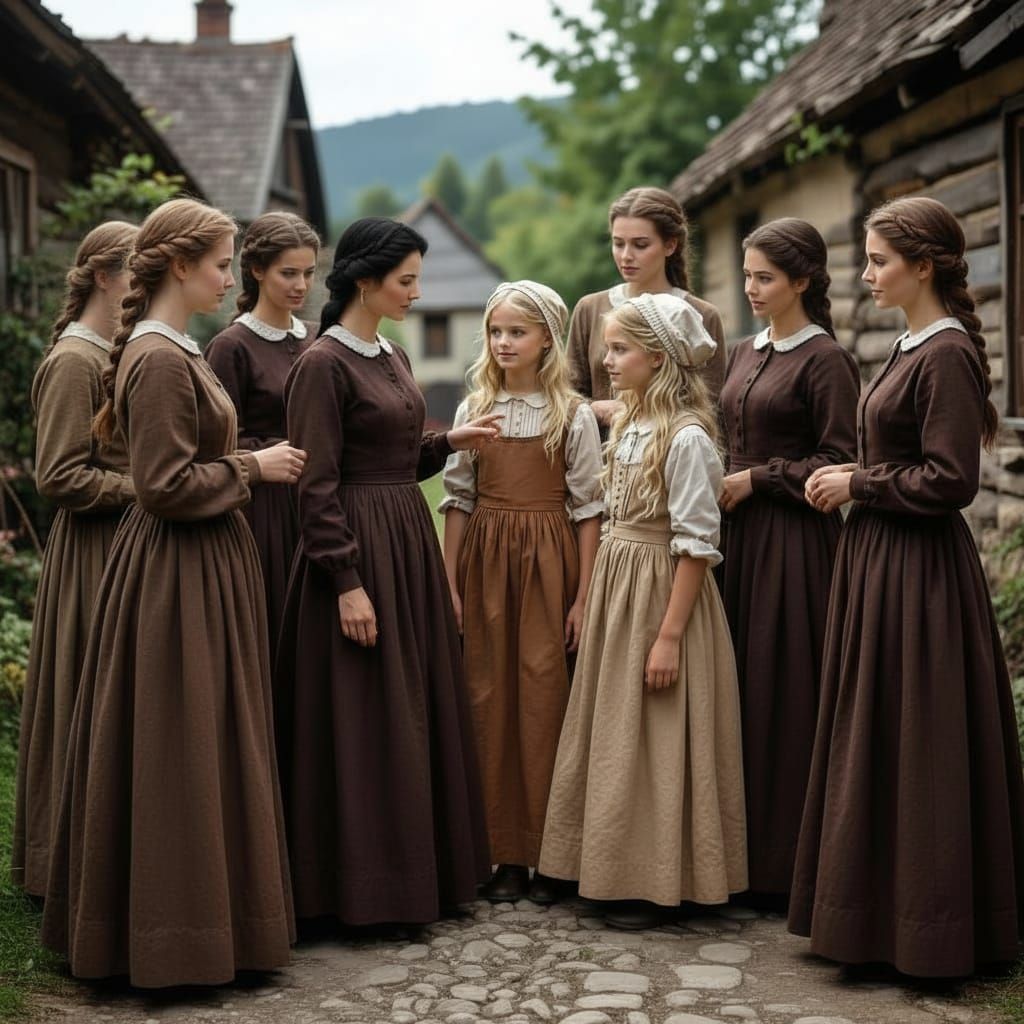 Two young blonde girls arrive in the village. One of them is taller and older than the other, the Tall dark haired women of the village come...