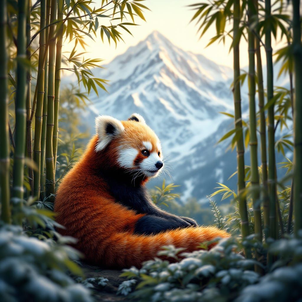 Red panda rests in a bamboo grove with a view of the Himalayas.