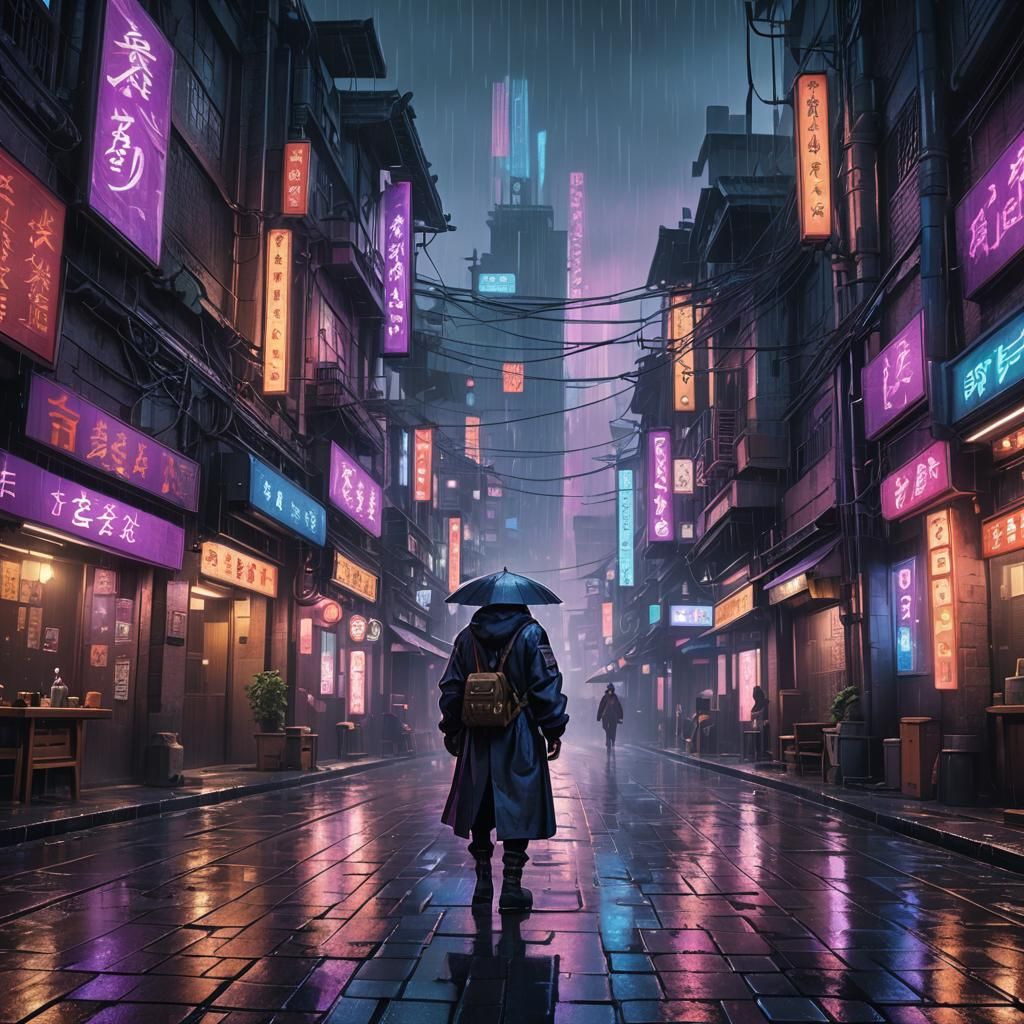 Rainy Cyberpunk Street Scene in Anime Style