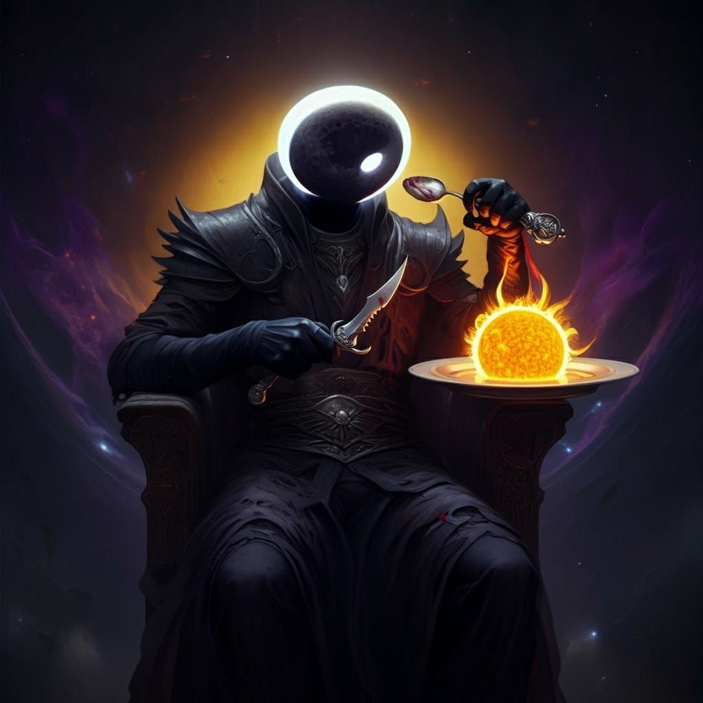 Moon-Headed Figure Devouring Sun in Dark Fantasy Art
