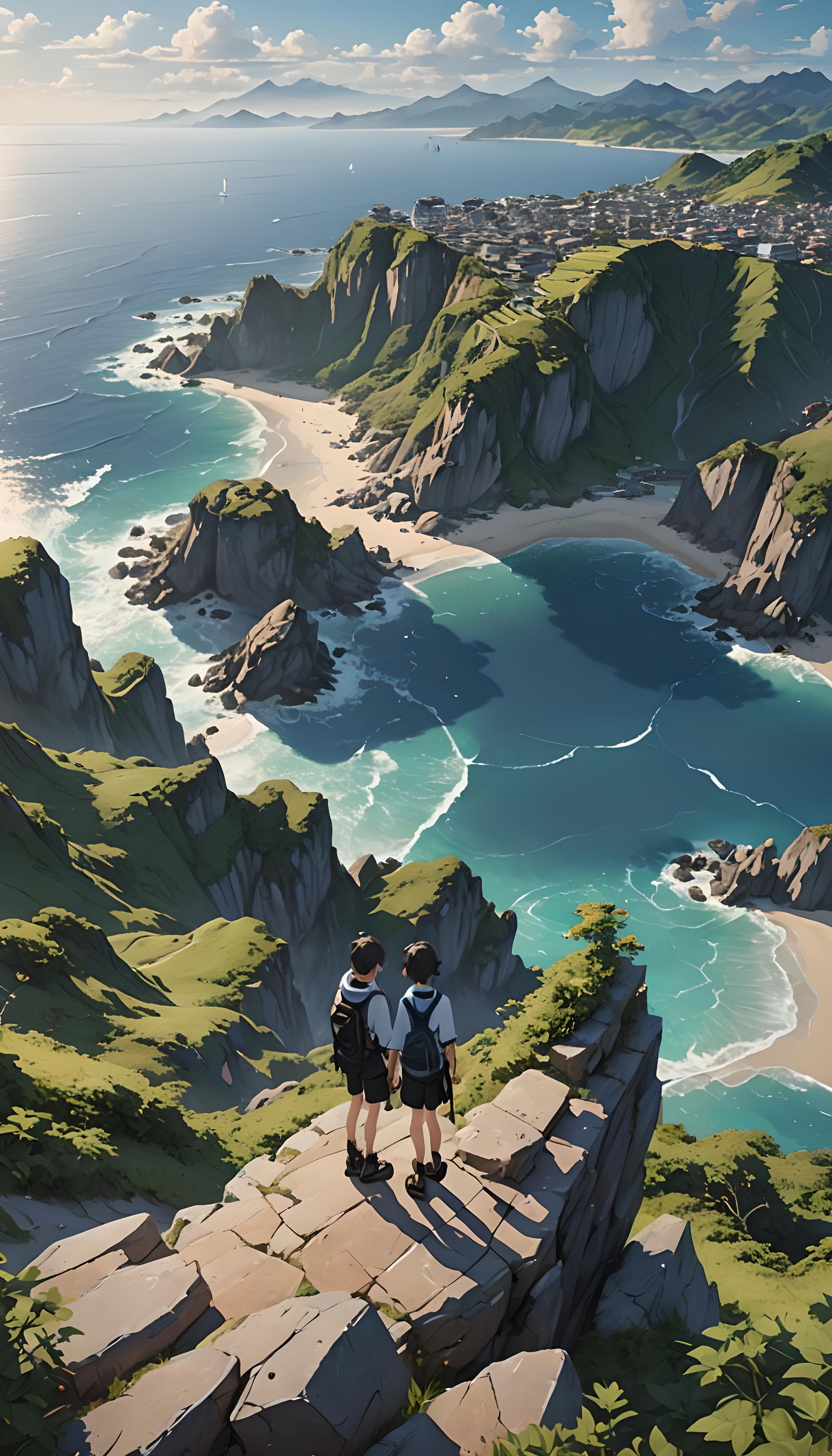 I want a detailed picture of mountain top and beach view of ...