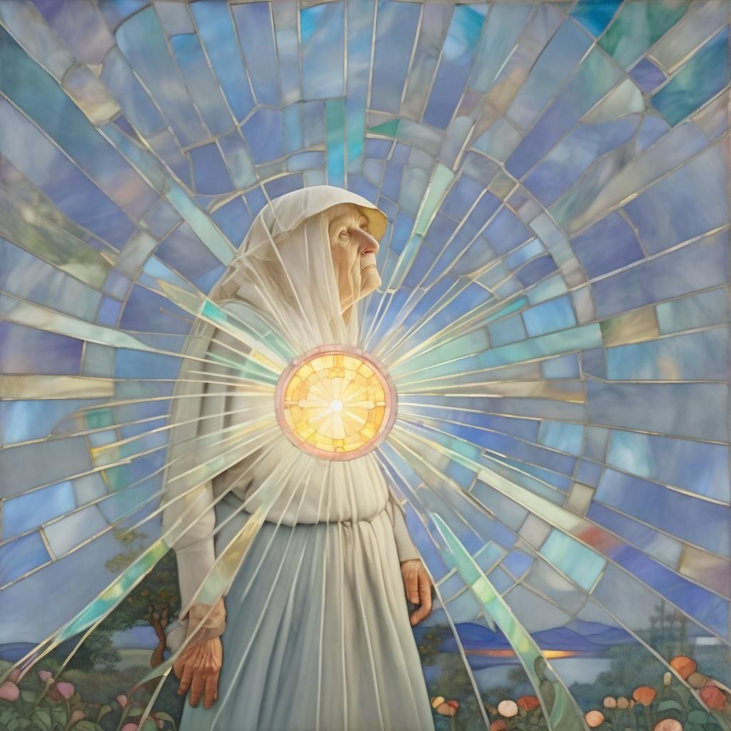 Woman Before Luminous Stained Glass in Pre-Raphaelite Style