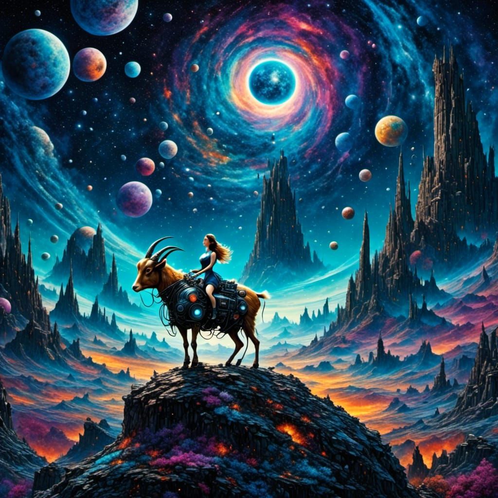 Biopunk Woman Rides Robotic Goat Through Space