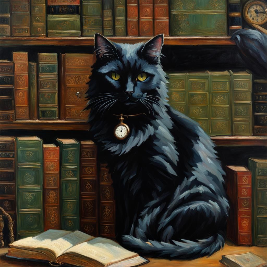 victorian library fluffy black cat green eyes books bookshel...
