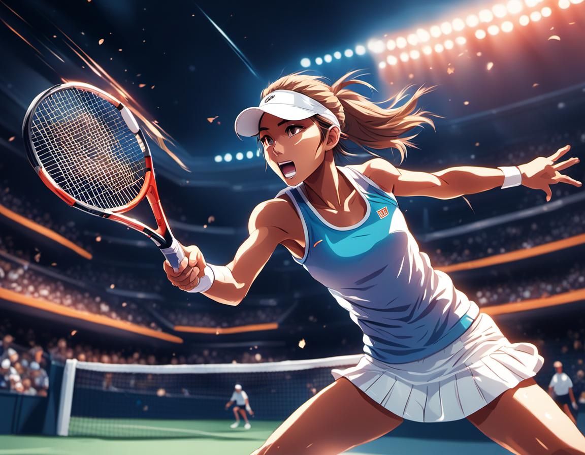 side view of tennis female player in full swing towards the ...
