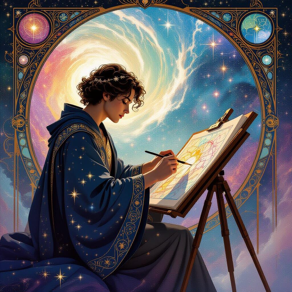 Imagine a celestial cartographer charting new galaxies with brushes made of stardust and inks of liquid nebula. The cartographer, adorned in...