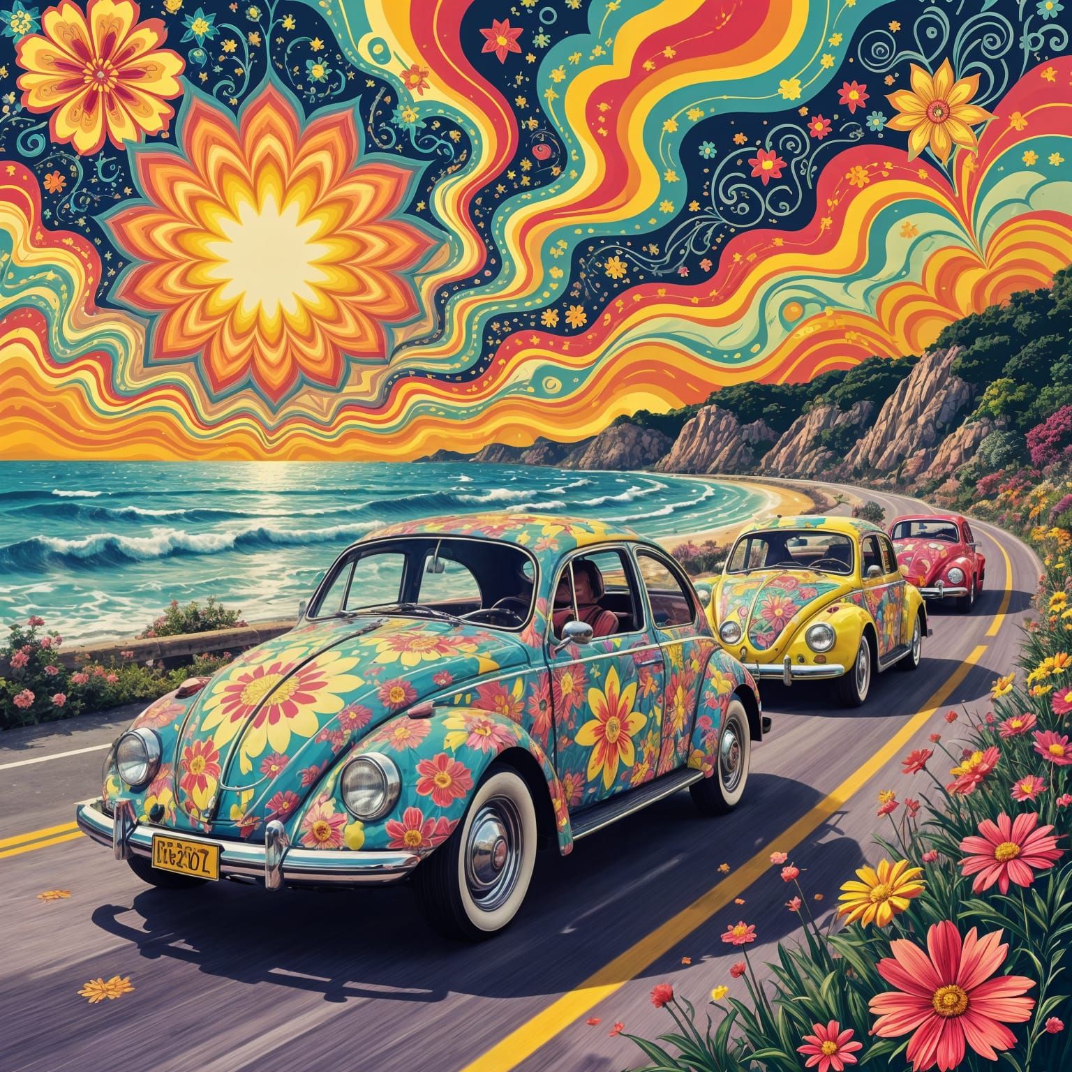 The ultimate, flower-power beetle cars squad.  by @Dobiki