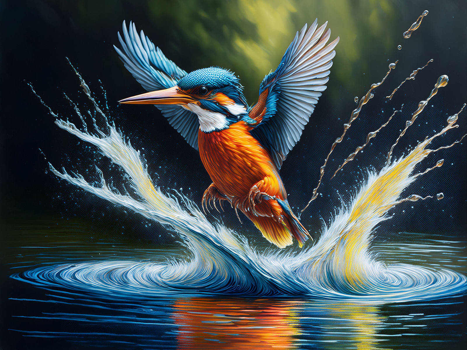 A breathtaking neo-impressionist oil painting of a kingfishe...