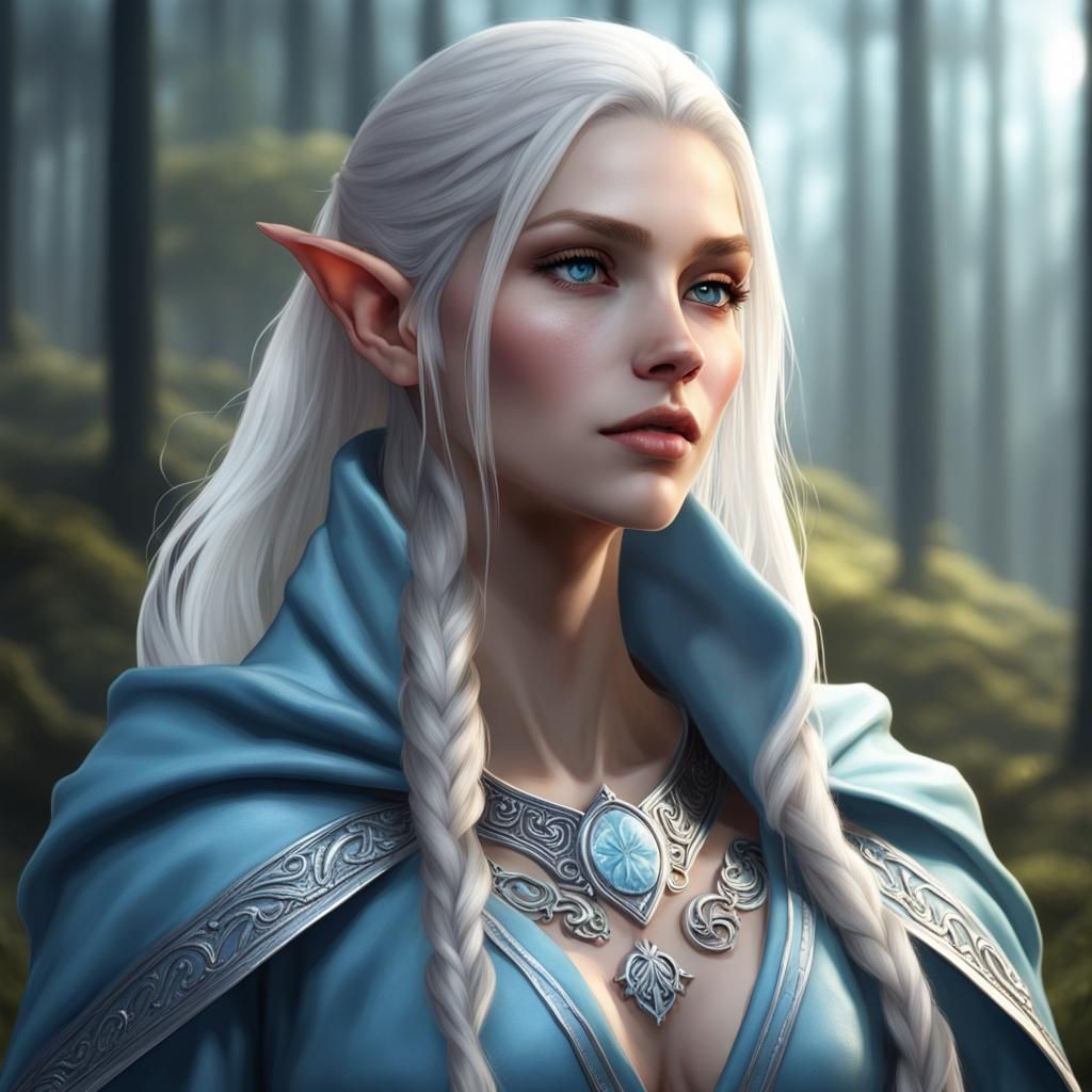 beautiful female elf with silver blonde hair and pale blue robes