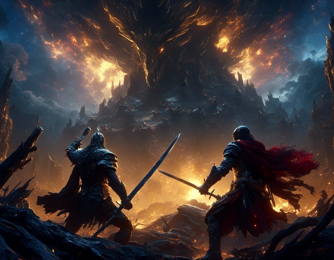 <lora:Comet-Fall:1.0> dense forest, two D&D warriors facing each other ready to fight; swords drawn, dynamic, cinematic shot, night sky; Dar...