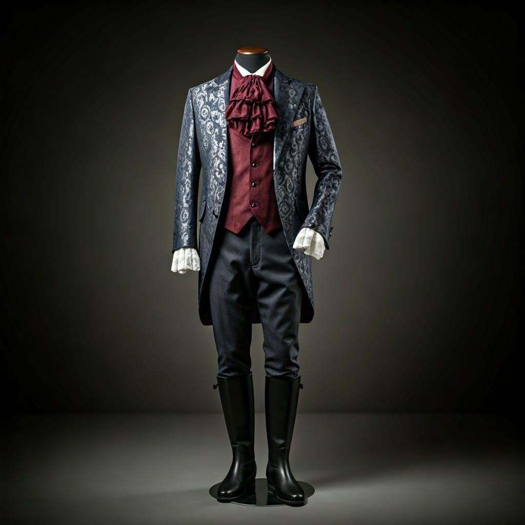 A striking masquerade ensemble for a mysterious gentleman, displayed on a mannequin. A fitted brocade jacket in dark navy and silver, worn o...