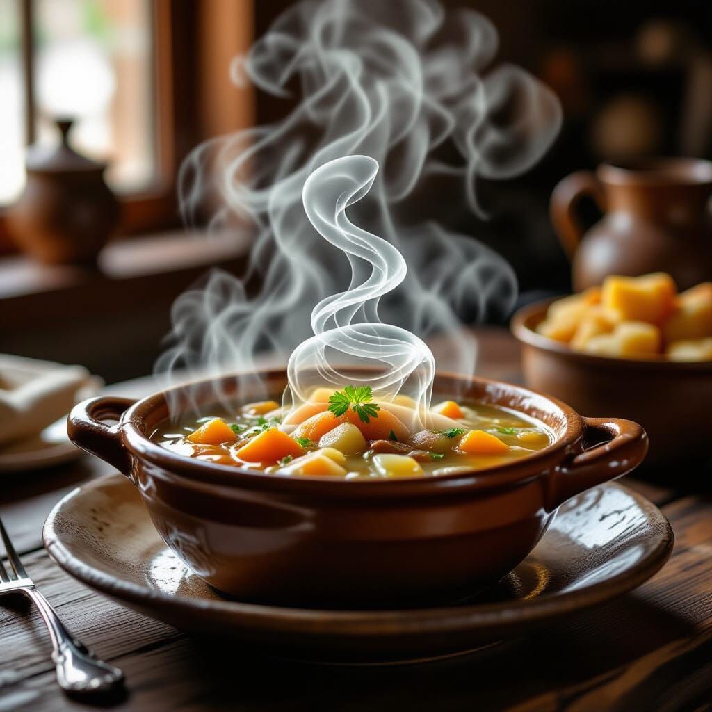 Steaming Hamin Dish With Surrealist Sculpture of Thoughts