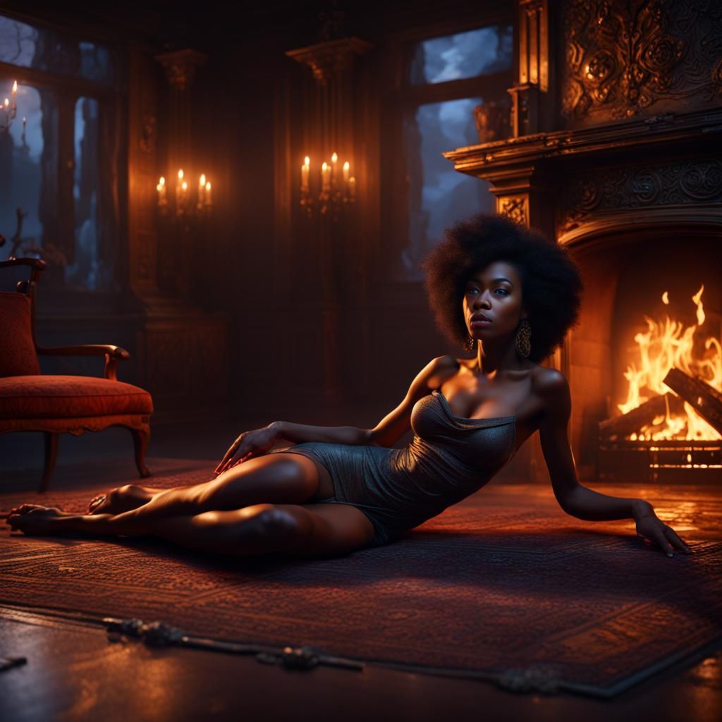 Black Woman Relaxing by Fireplace: Fantasy Concept Art