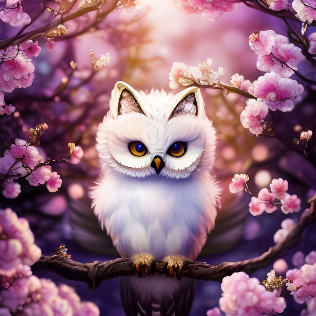 Cat owl in cherry blossom tree  by @Cilia