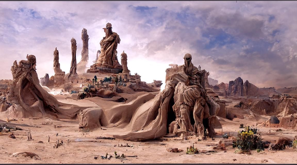 a desert full of statue dating of ancient time detailed matt...