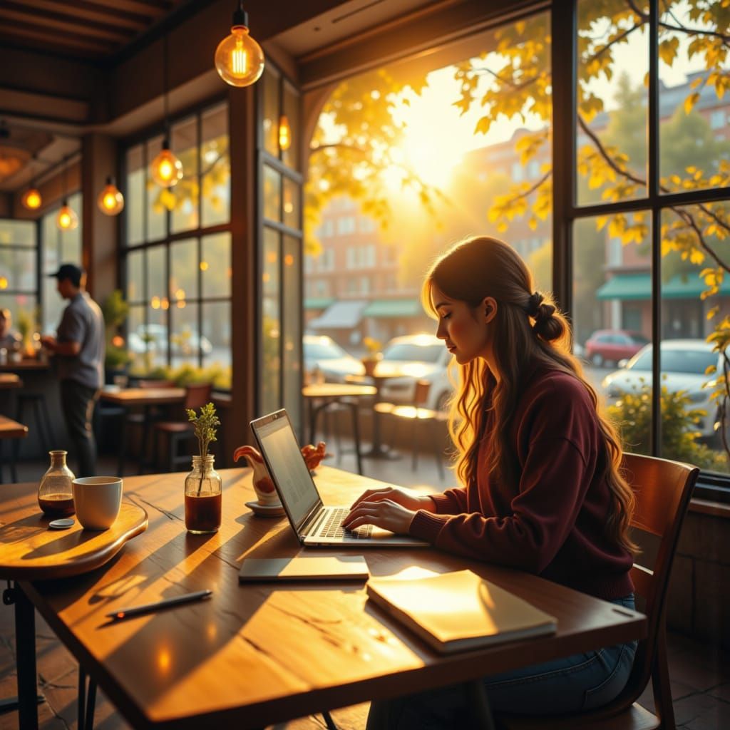 <lora:Automne dore:1.0> <lora:Fantaisie portrait:1.0> Un café paisible le matin une femme assise seule ...  by @NadO B B