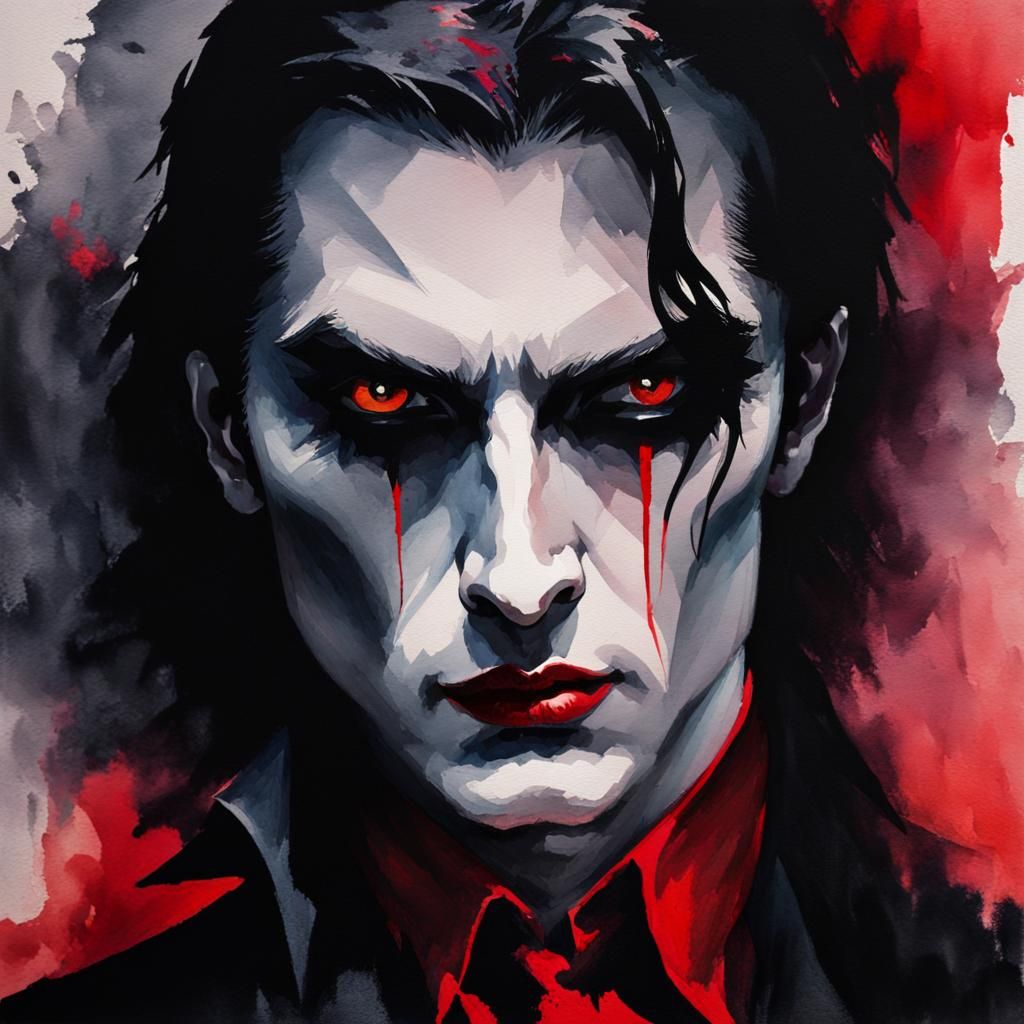 Vampire dark watercolour black and red portrait, in Gouache ...