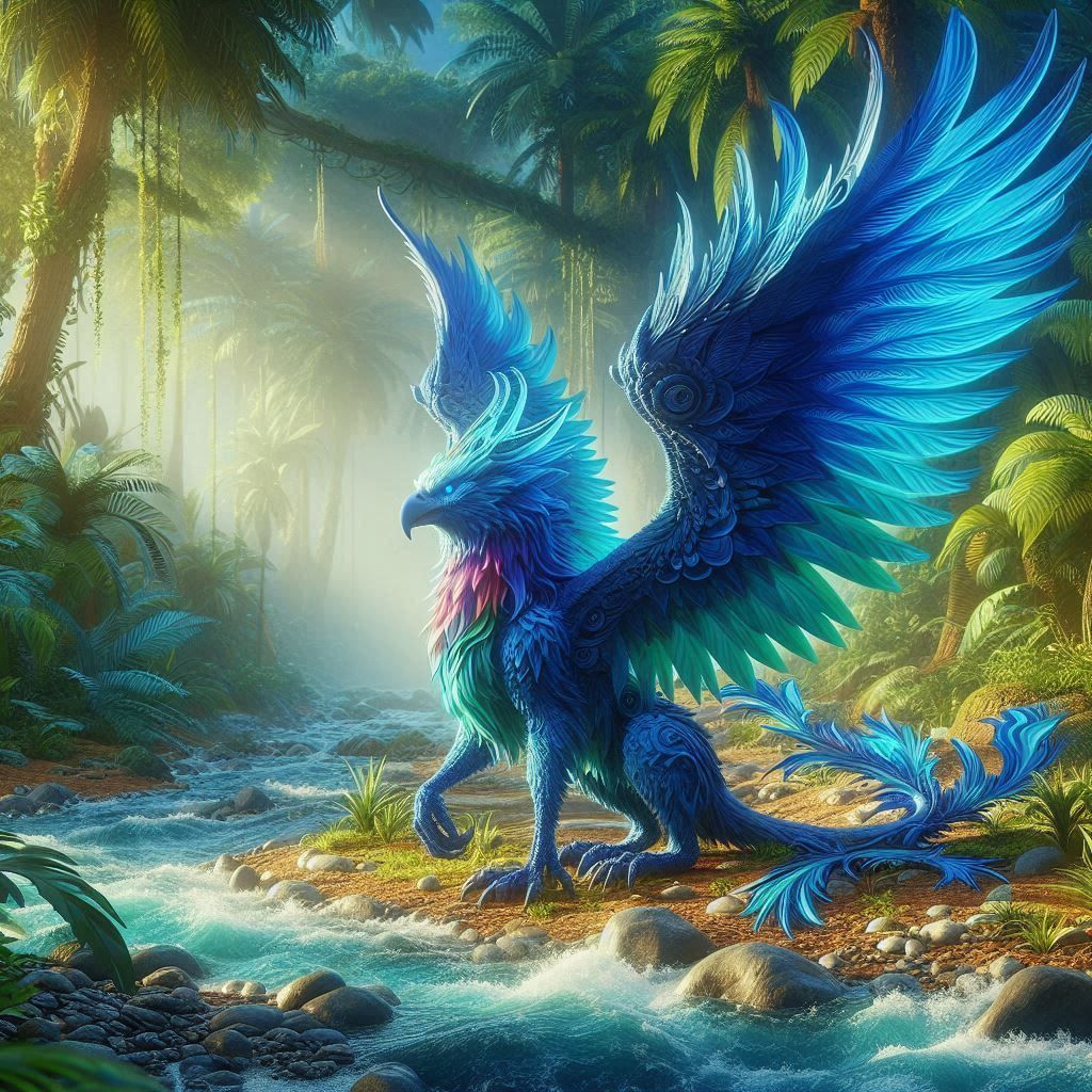 A majestic blue fire griffin with iridescent feathers stands proudly in a lush, vibrant tropical riverbed, surrounded by exotic foliage and ...