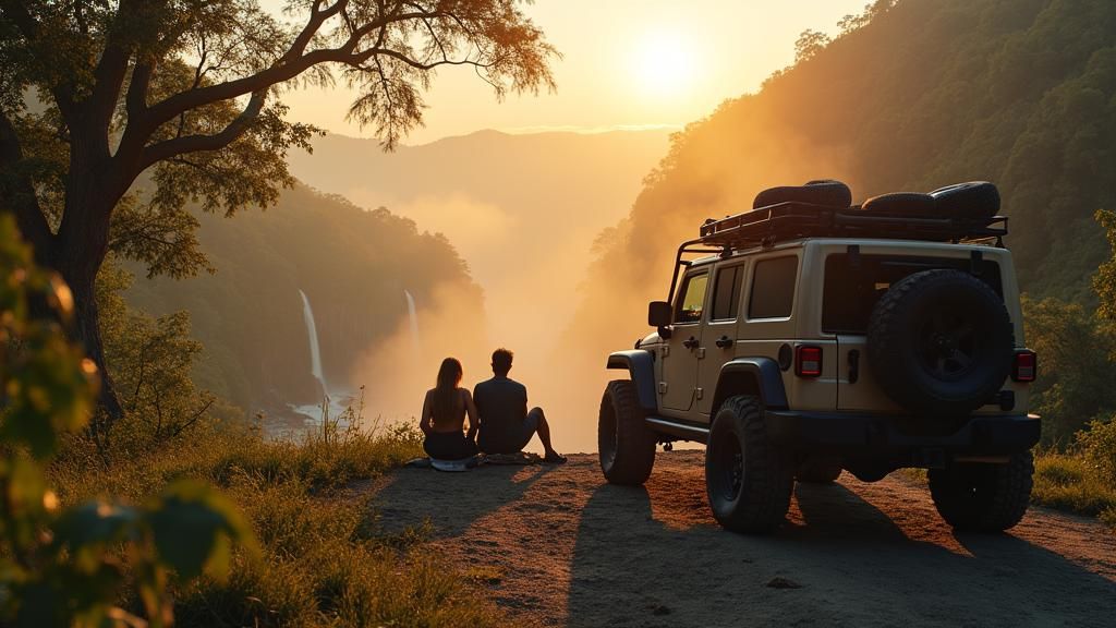 Four by Four Off-roading jeep with a full setup of camping, placed at the beautiful mountain view and surrounded by a jungle and a beautiful...