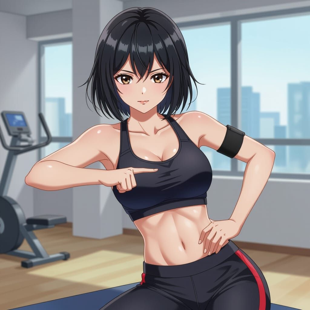 Anime Woman Exercising Abs in Sports Outfit