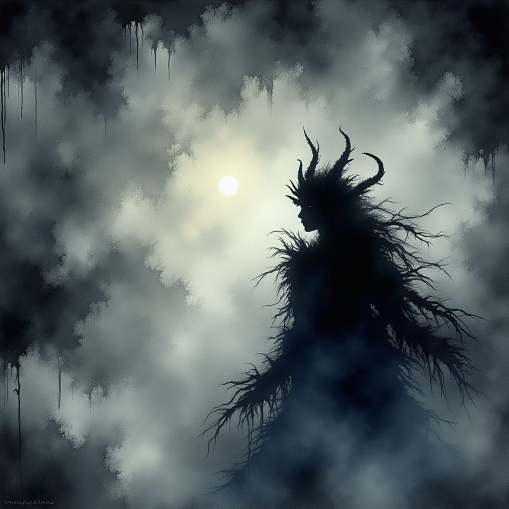Mysterious impressionistic water color painting of a dark silhouette of a female tiefling (((seen from afar))) partly shrouded in mist, back...