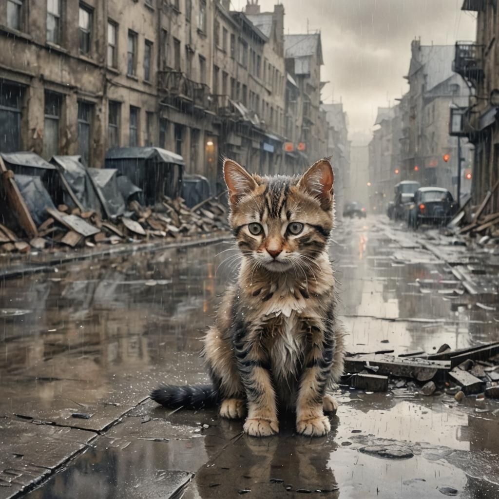 Watercolour, a kitten in the heavy rain, looking sad, backgr...