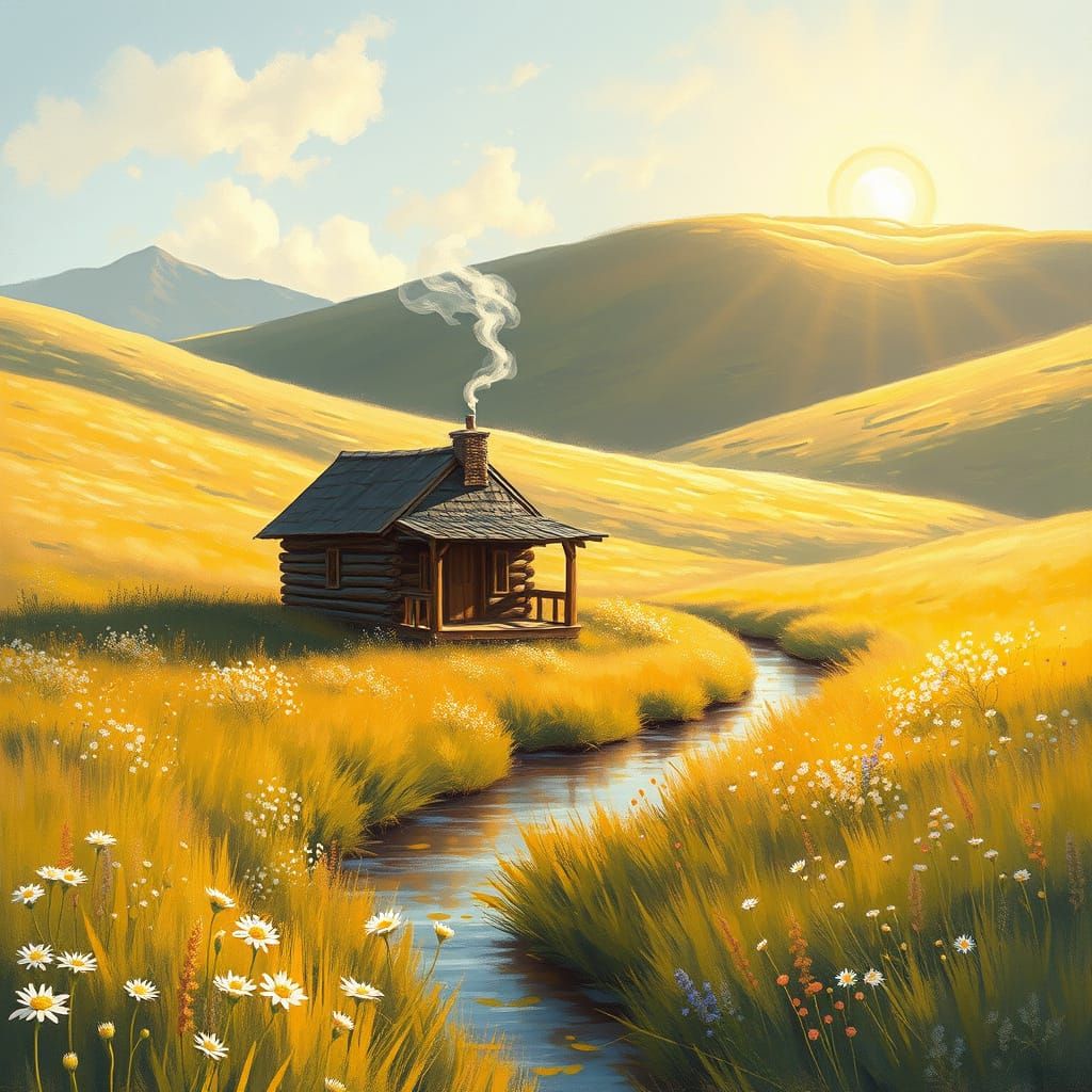 A serene, sun-drenched meadow filled with wildflowers and soft, rolling hills. In the center, a small, ...  by @Kelli Benjamin-Limae Creations