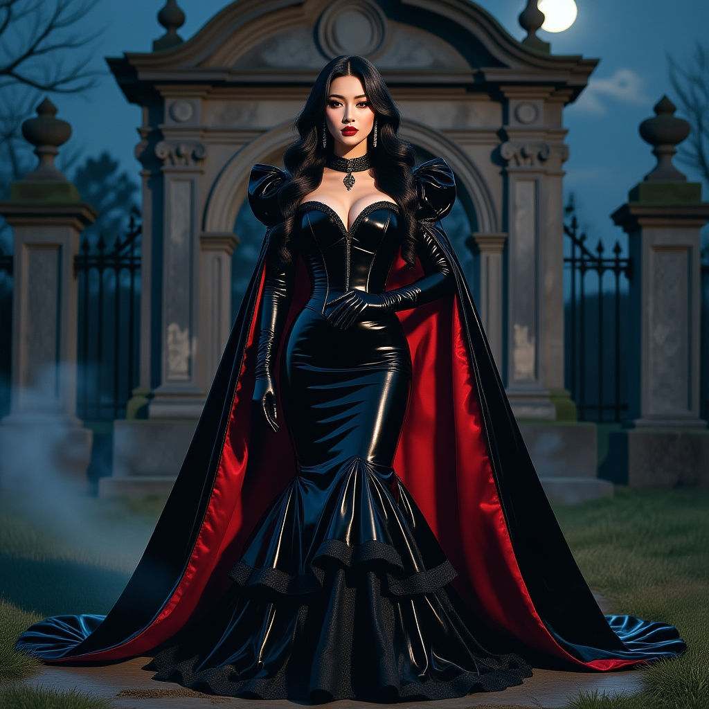 A hyperrealistic Asian gothic lady with a graceful, curvy figure stands confidently in front of an ancient, moss-covered mausoleum at night....